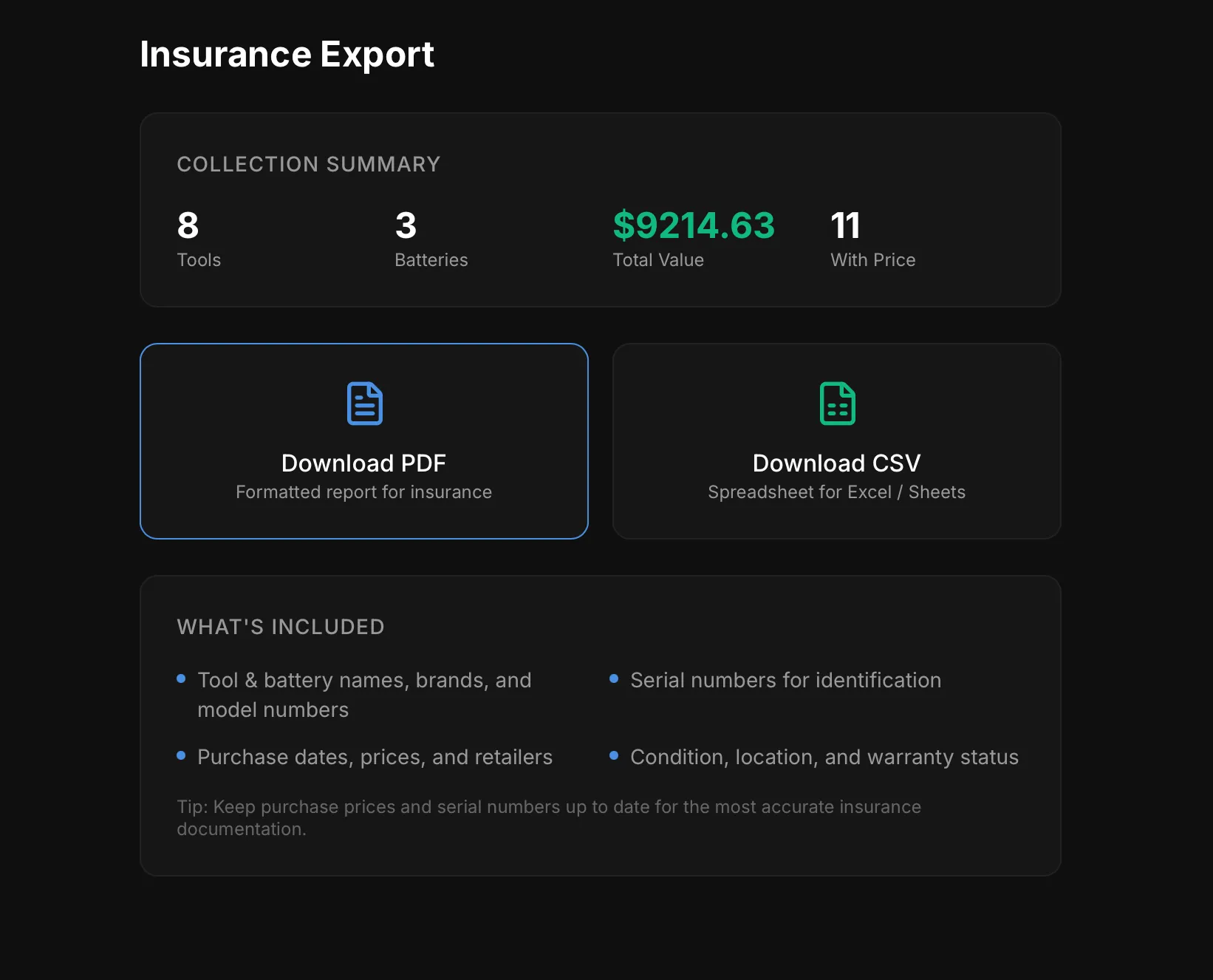 PDF report showing full tool list with brands, models, serials, and prices