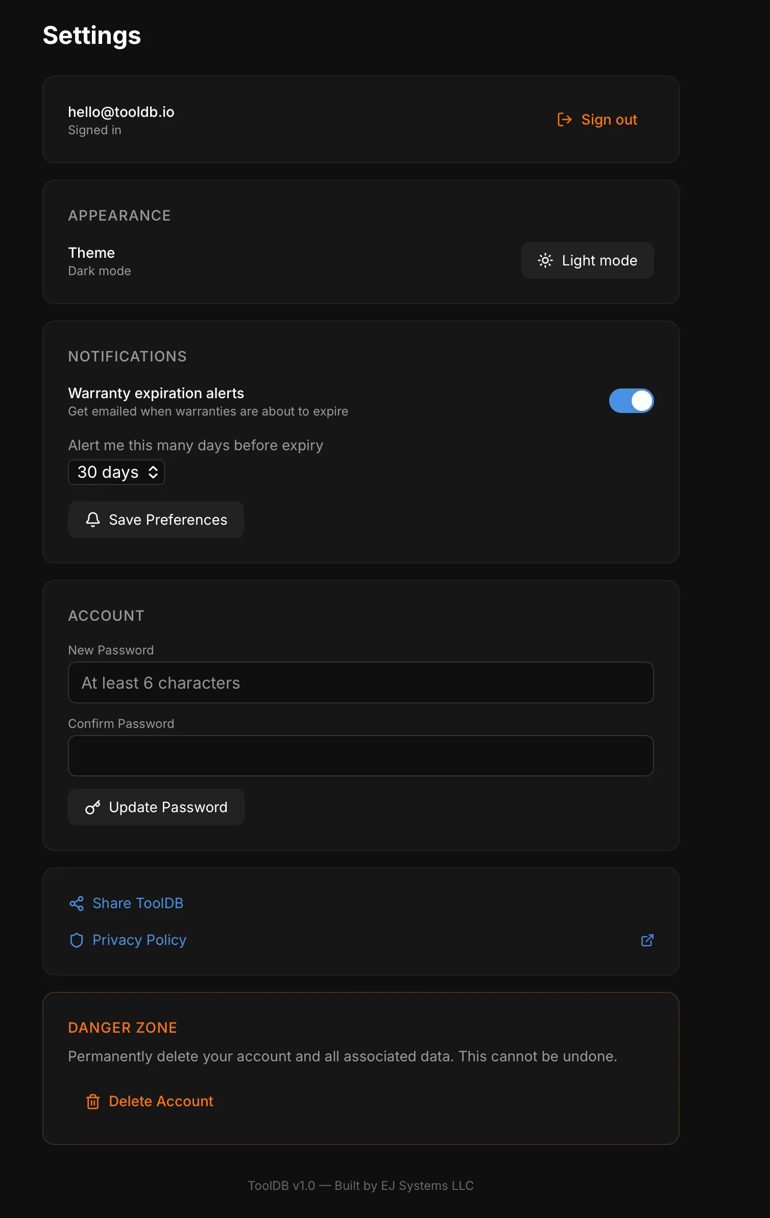 Settings page