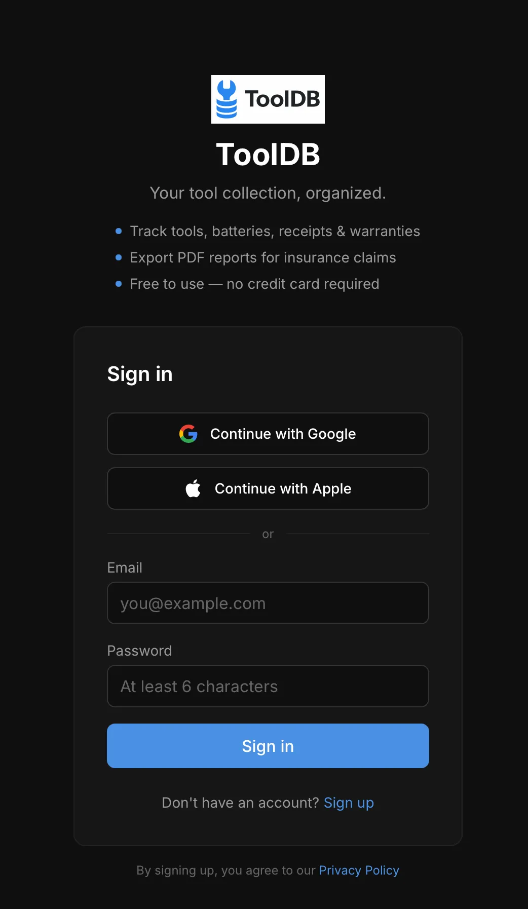 ToolDB sign in screen